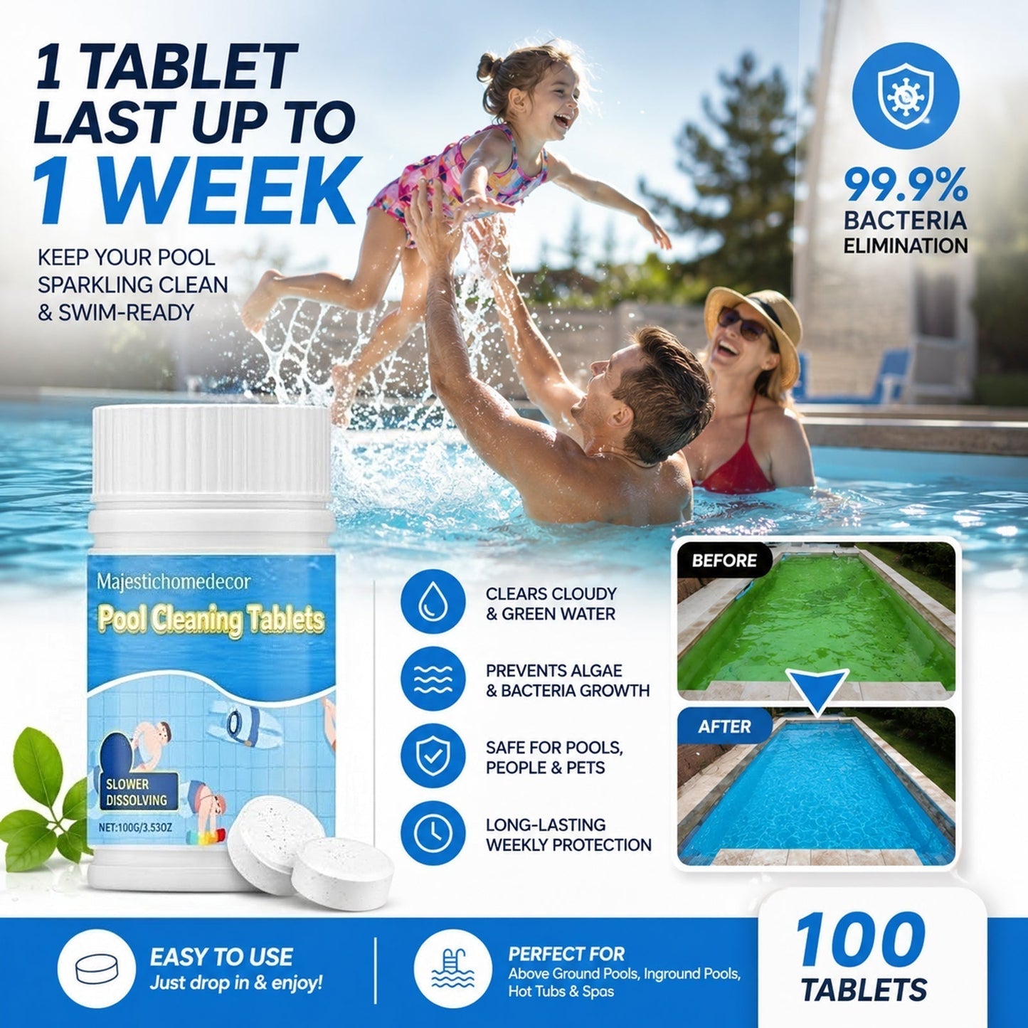 🏊 All-in-One Pool Cleaning Tablets — Crystal-Clear Water, Just Drop & Go