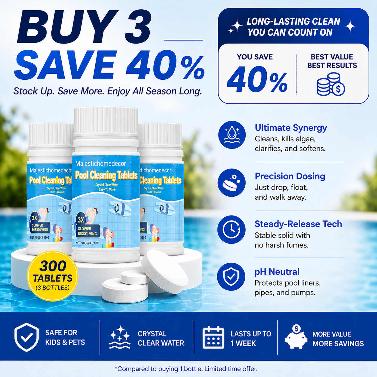 🏊 All-in-One Pool Cleaning Tablets — Crystal-Clear Water, Just Drop & Go