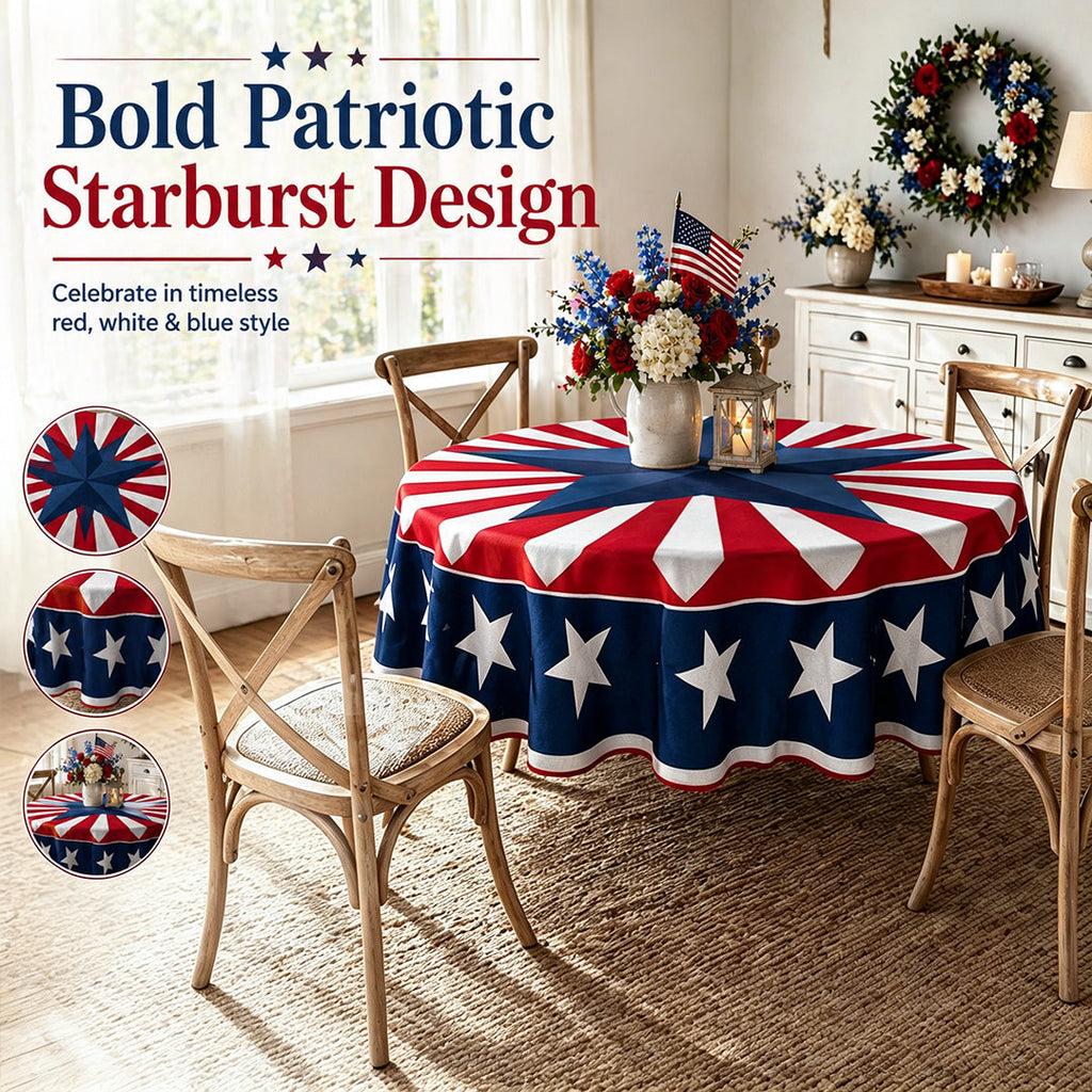 Patriotic Starburst Round Tablecloth 🇺🇸 July 4th Independence Day Decor & Outdoor Picnic Cover ✨